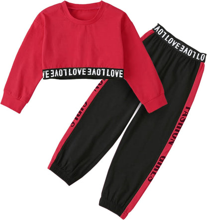 Girls 2 Piece Outfits Girls Cropped Sweatsuit Pants Outfit Clothes Set, 4T-14 Years