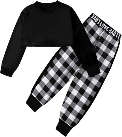 Girls 2 Piece Outfits Girls Cropped Sweatsuit Pants Outfit Clothes Set, 4T-14 Years