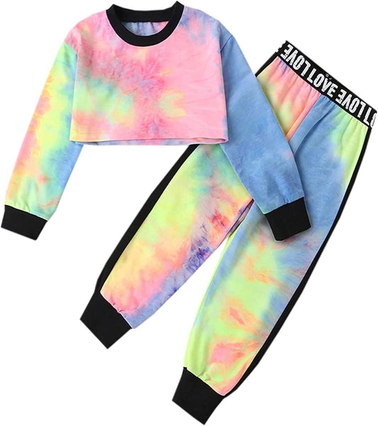 Girls 2 Piece Outfits Girls Cropped Sweatsuit Pants Outfit Clothes Set, 4T-14 Years